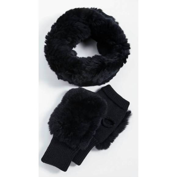 NEW JOCELYN dyed rex rabbit cowl & mitten set in black